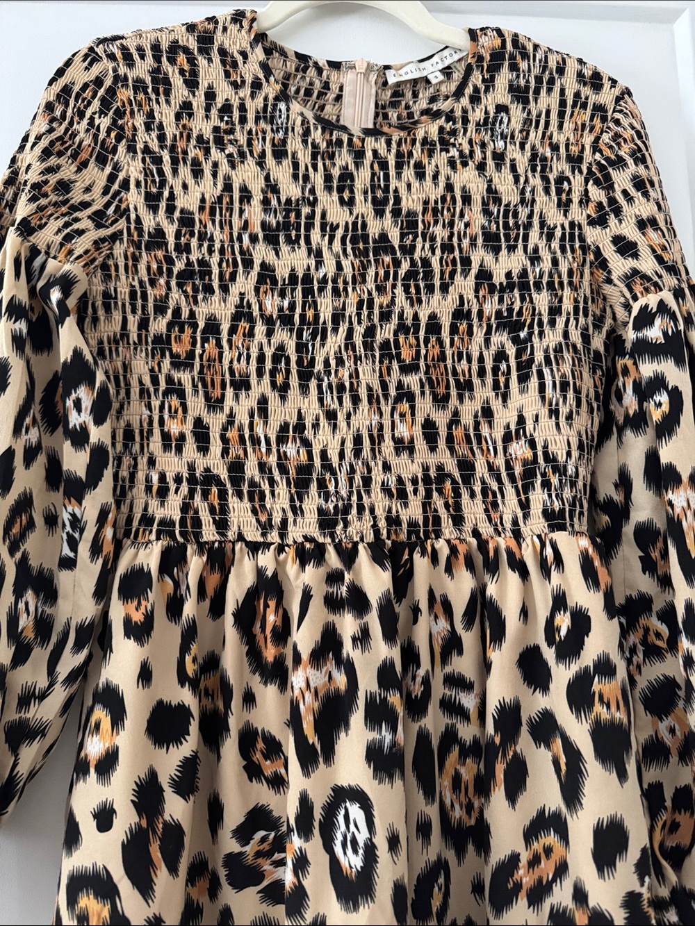 Leopard Print Long Sleeve Smocked Midi Dress - Beige/Tan - Picture 5 of 8
